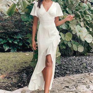 Eternal Bond White Satin Ruffled Flutter Sleeve